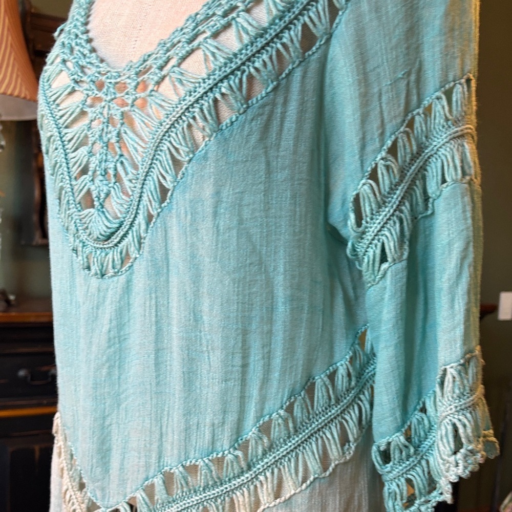 Boho Teal ombré Crochet Tunic - Picture 6 of 12